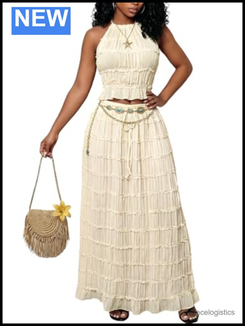 Women's 2 Piece Skirt Set Backless Halter Crop Top Flowy Pleated Ruffle Maxi